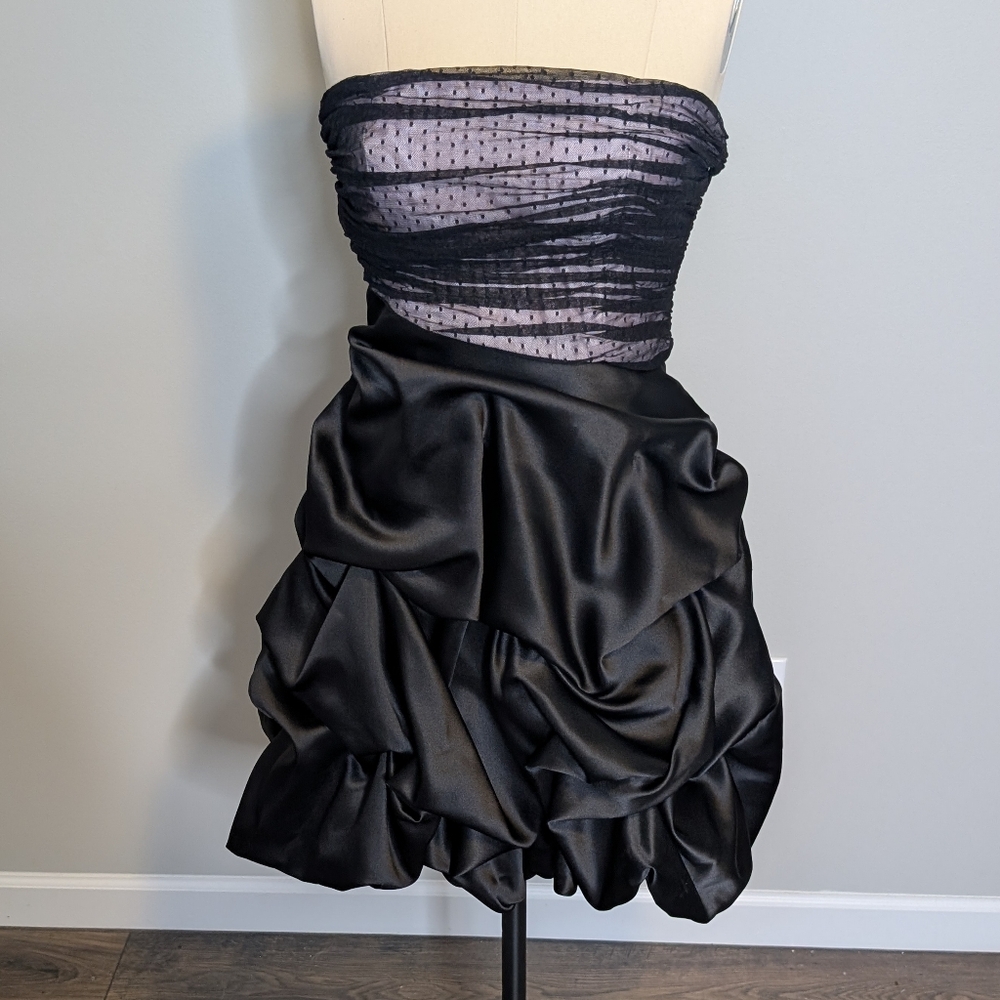 Nicole‎ Strapless 80s Y2K  Black Satin Dress Lace Bodice Bubble Skirt Size 4